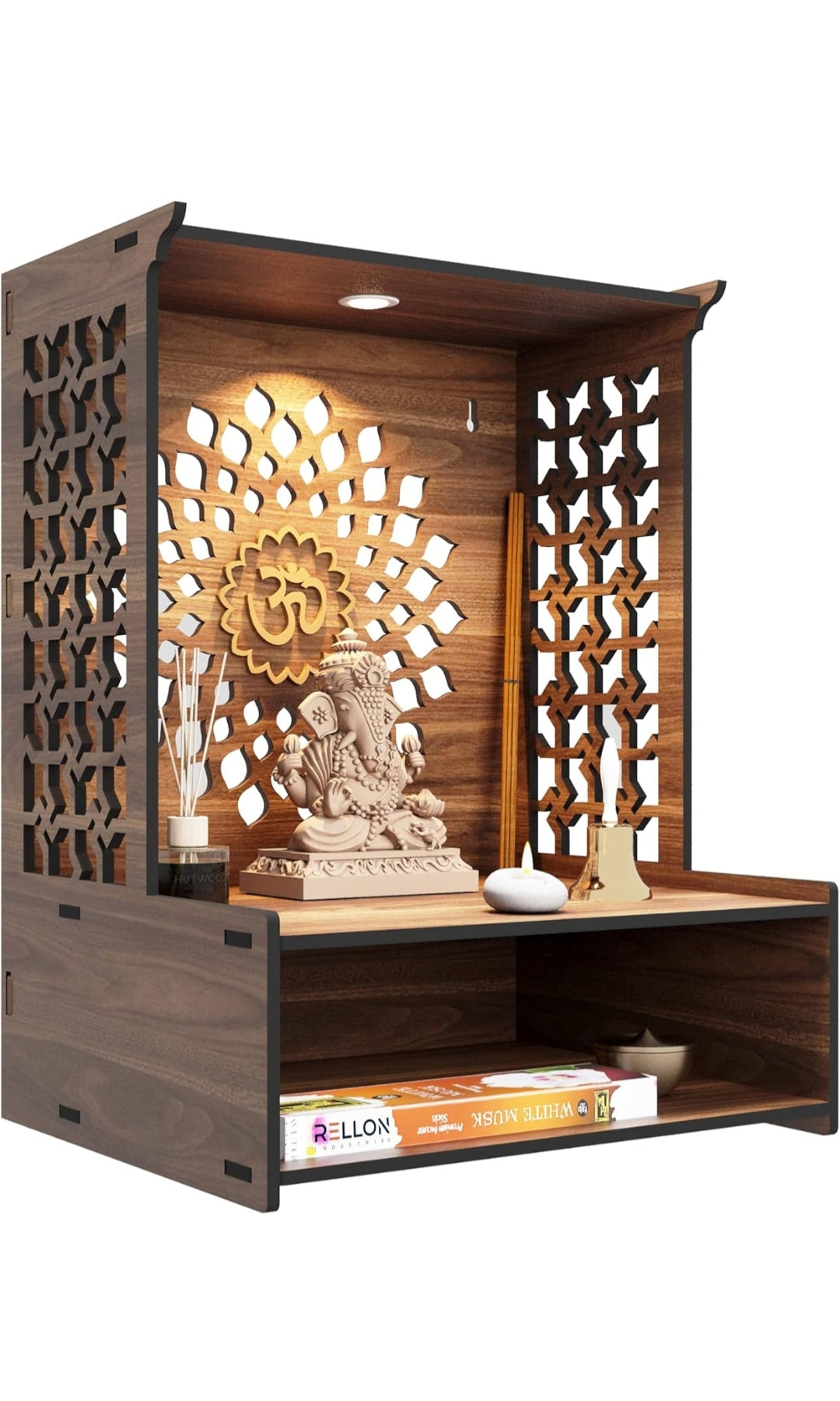 Happycart LED Wooden Home Mandir with Storage | Modern Wall Mount Temple for Pooja Room