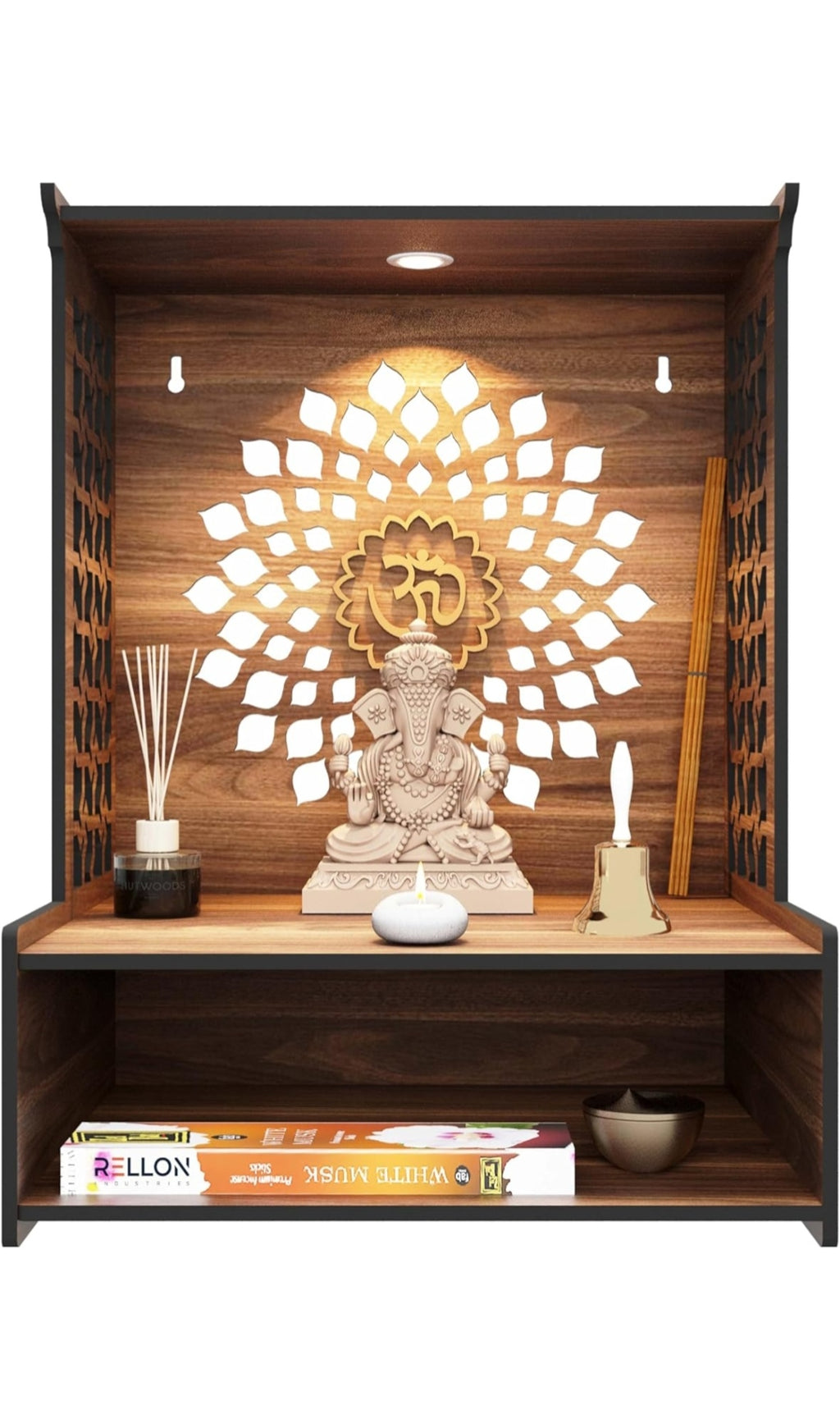 Happycart LED Wooden Home Mandir with Storage | Modern Wall Mount Temple for Pooja Room