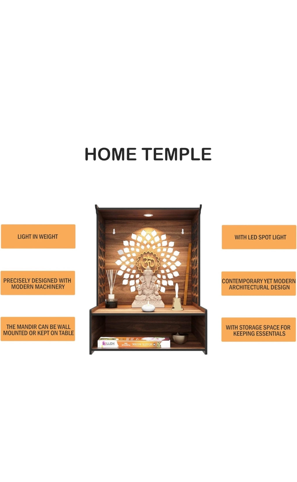 Happycart LED Wooden Home Mandir with Storage | Modern Wall Mount Temple for Pooja Room
