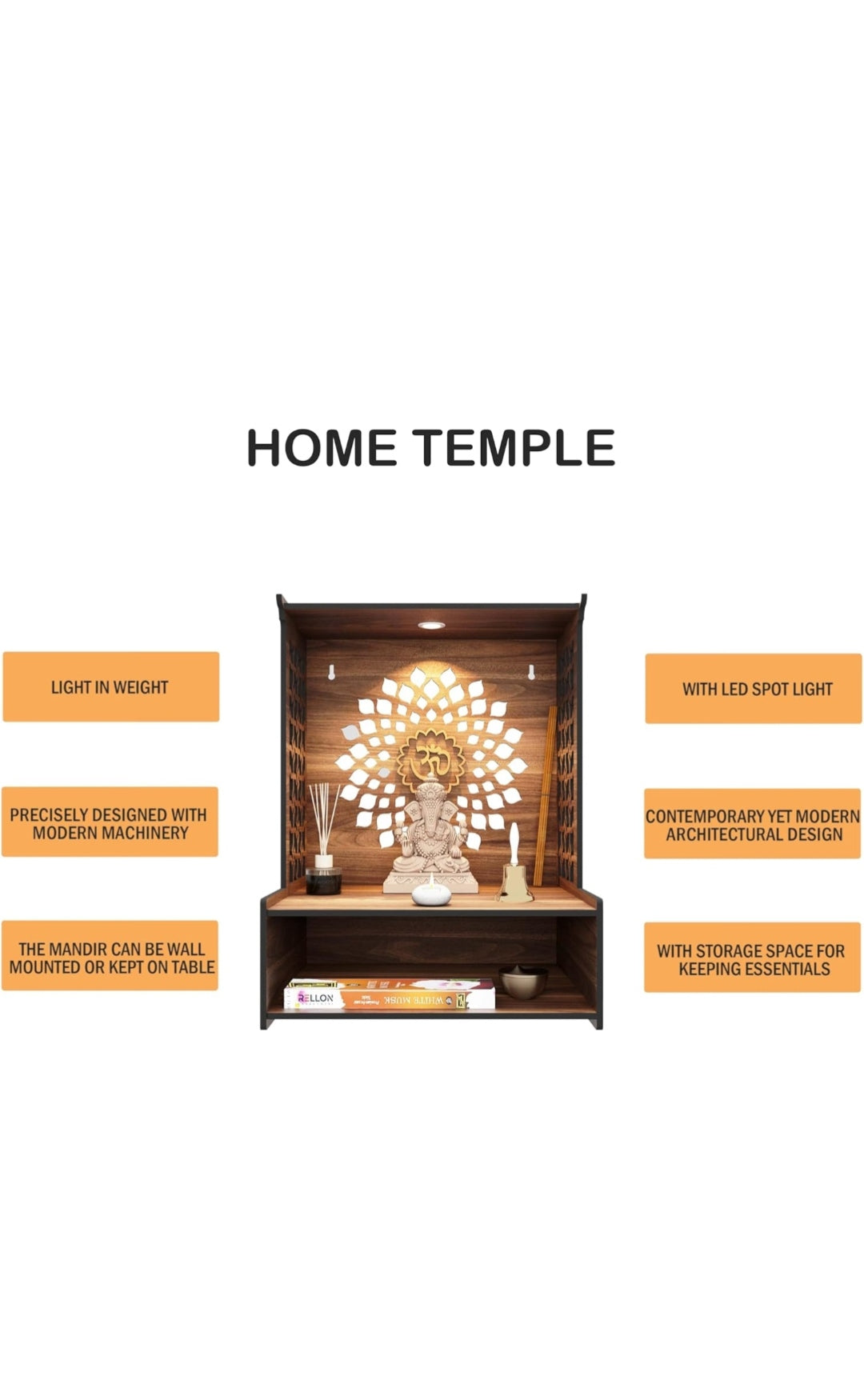 Happycart LED Wooden Home Mandir with Storage | Modern Wall Mount Temple for Pooja Room